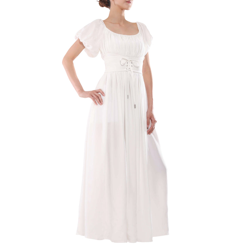 Silk puffed sleeves girdled maxi dress