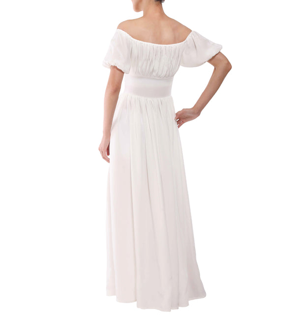 Silk puffed sleeves girdled maxi dress