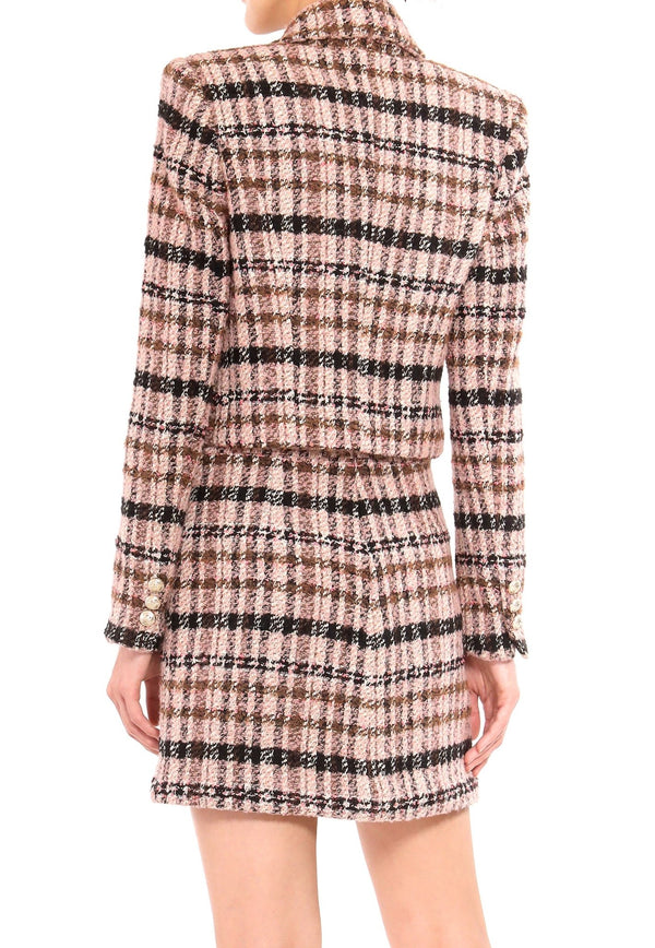 Cropped Double-breasted Check Tweed Blazer