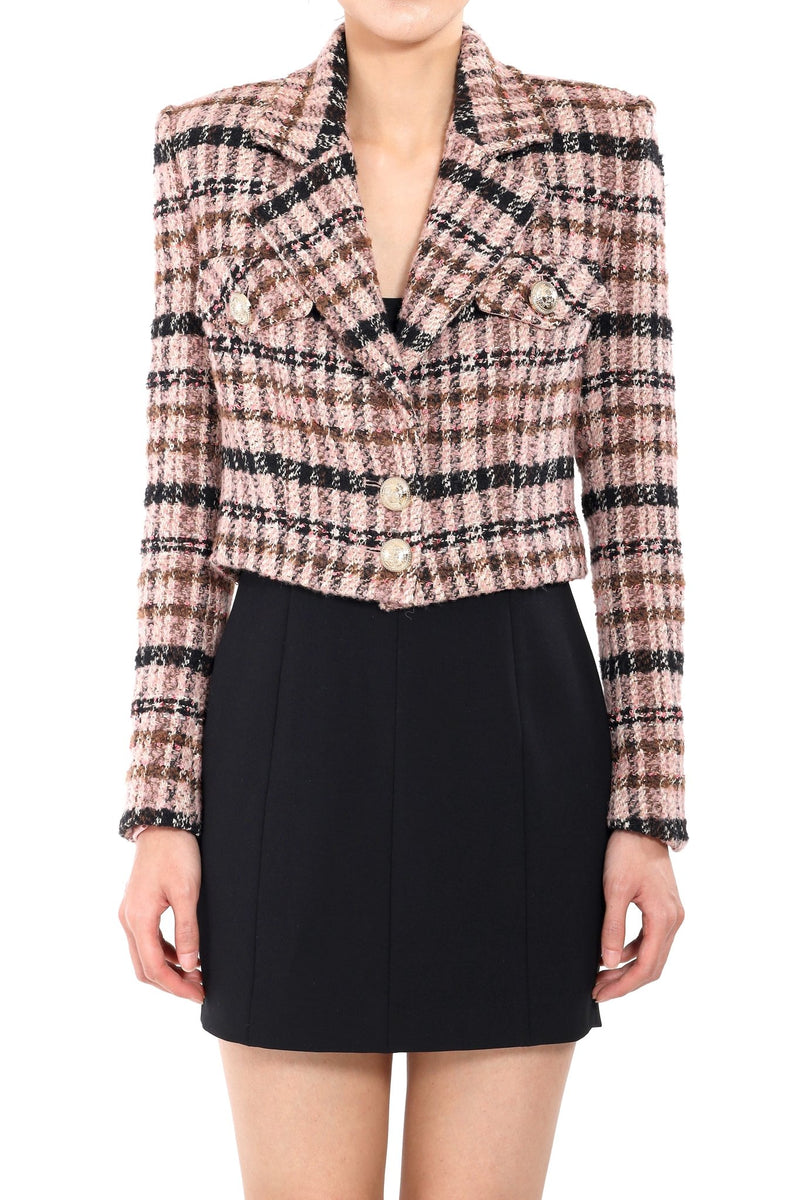 Cropped Double-breasted Check Tweed Blazer